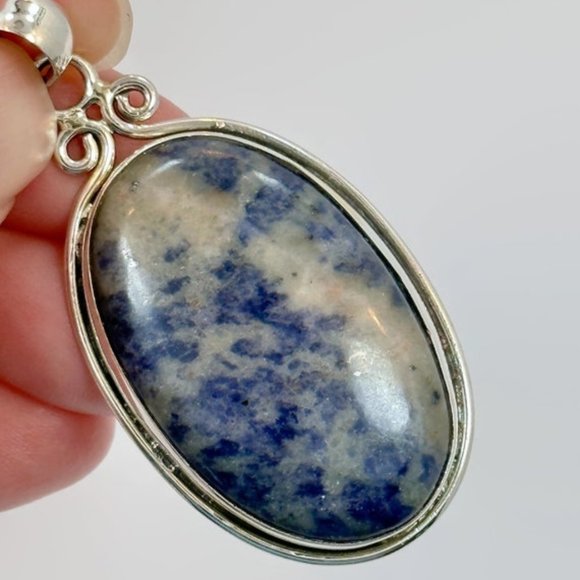 Sodalite Pendant, Vintage Pendant, Blue Stone, Sterling Silver, 2" Long, Big - Picture 1 of 5